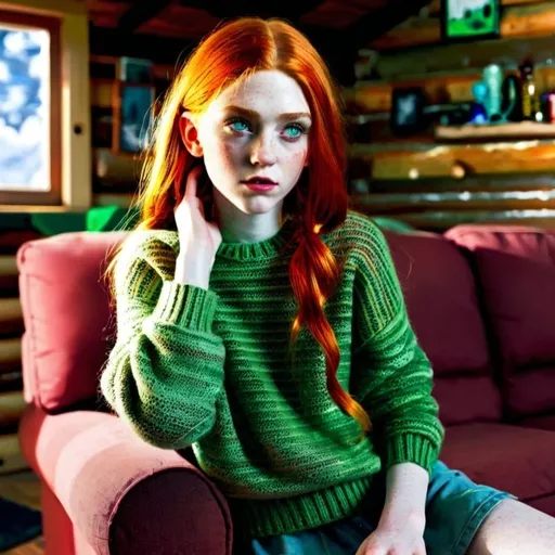 Prompt: A pale girl with red hair and clear green shiny eyes in only a green sweater that complements her eyes standing in the living room of a log cabin 