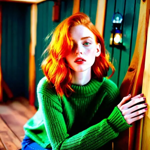 Prompt: A pale cute girl with short flowing vibrant red hair and green eyes sitting in a cabin in a green sweater