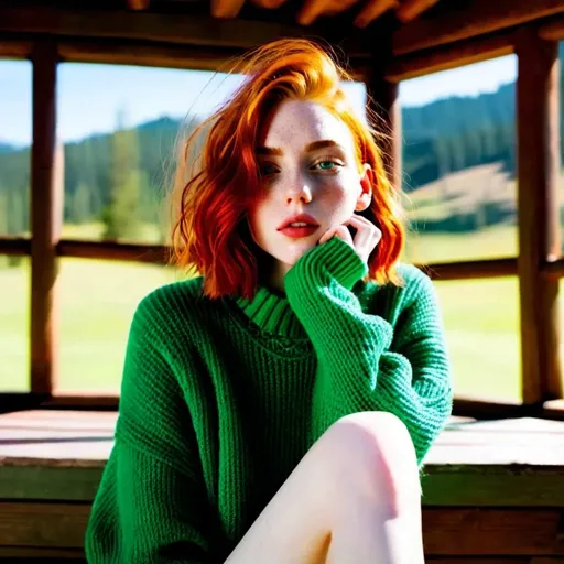 Prompt: A pale girl with short vibrant red hair and green eyes sitting in a cabin in a green sweater