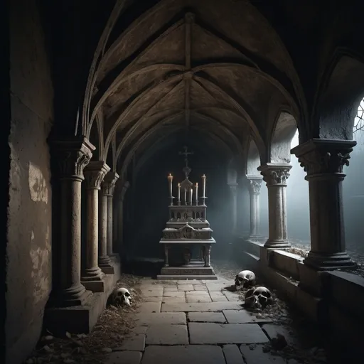 Prompt: (ominous ossuary), haunting atmosphere, dark and muted color tones, dramatic contrast, eerie and sinister mood, dim lighting with flickering candles, ancient bones meticulously arranged, aged and crumbling walls, shadows that suggest hidden corners, gothic architectural features, mist creeping on the ground, cobwebs hanging from the ceiling, photorealistic, incredibly detailed, 4K resolution, horror theme, intense and chilling visuals.