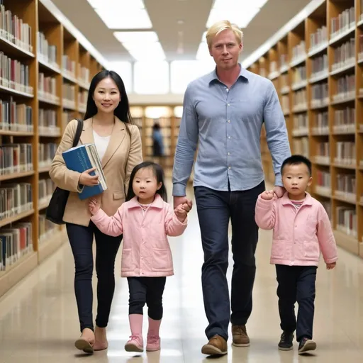 Prompt: A blond father and his Chinese wife bring their two young kids to the library