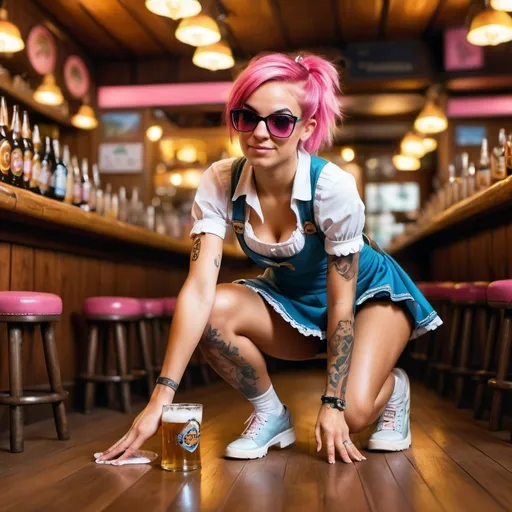 Prompt: 4k, high resolution , high detailed , oil painting , modeling , beer pub , a brazilian waitress cleaning floor in a oktoberfest outfit , she is squatting , tattoos , pink hair , sunglasses , diving angle , short dress reveals legs , mirrored lens , portrait , focus on woman , SFW