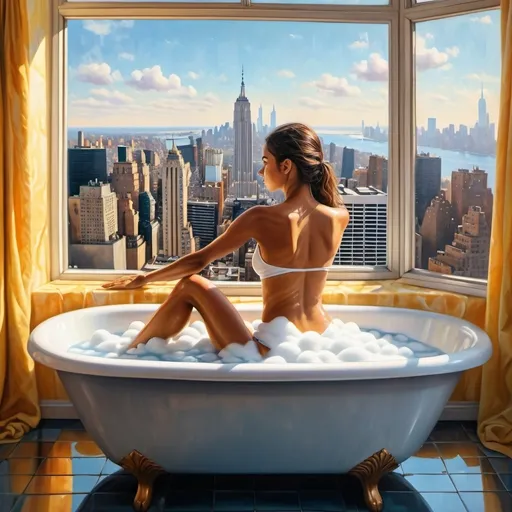 Prompt: 25 years old brazilian woman taking a foam bath , long bath , position reveals legs , window with new york city view , realistic , mirrored lens , oil painting , high resolution 