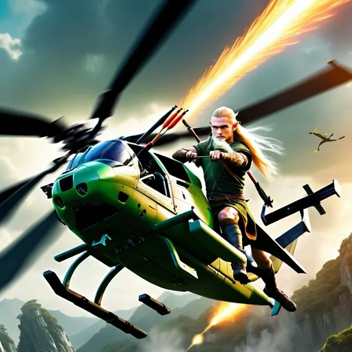 Prompt: Pele-Legolas hybrid flying an attack helicopter, realistic digital art, detailed facial features, vibrant color palette, epic fantasy action, highres, intense realism, fantasy, soccer, helicopter, athletic physique, ancient bow and arrow, dynamic flight, powerful stance, athletic prowess, epic battle, realistic lighting, vibrant colors