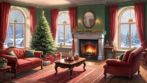 Prompt: Classic, realistic illustration of a large, magnificent lounge room with a Christmas tree, a big warm fire and snow on the windows outside.  This is inside the house where  ‘Wendy’ a pretty 10 year-old girl lives with her wealthy parents.  
