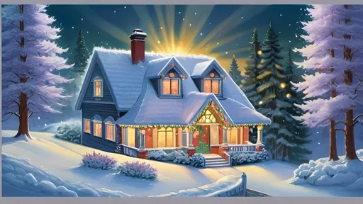 Prompt: Classic, realistic illustration a magnificent mansion covered in snow framed by fir trees hung with colorful Christmas lights. Snow is still falling.  Smoke curls up from the chimney on the right side.  The windows sills are covered with snow. the sun rising behind this is the house where  ‘Wendy’ a pretty 10 year-old girl lives with her wealthy parents, named Wendy’s House. 
