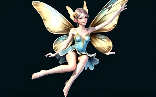 Prompt: Classic, realistic wide full body illustration of a beautiful fairy, with gossamer wings in largely bluish and gold tones, named Sox horizontal, flying. 