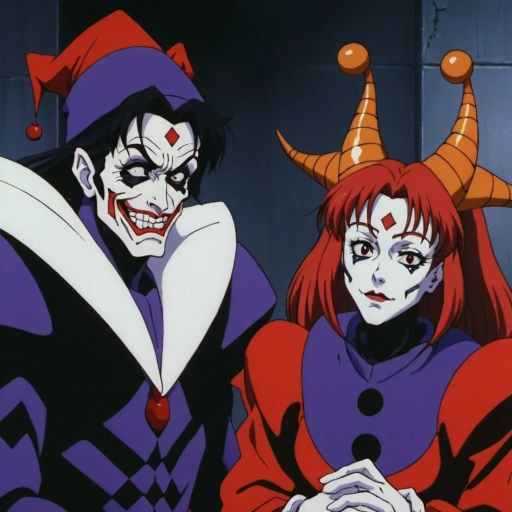 Prompt: 1990s anime screencap, evil sad jester couple, crazy, causing havok