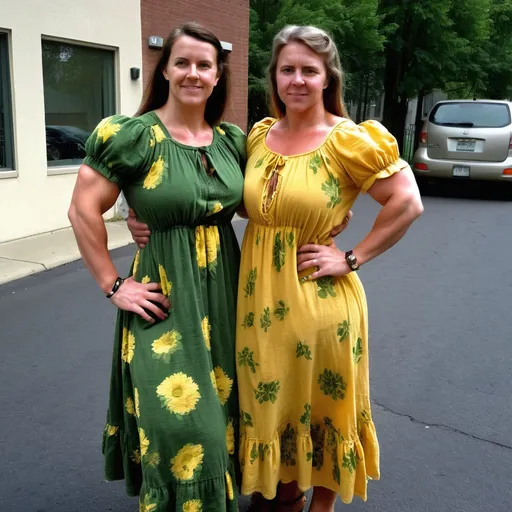 Prompt: Heavy Casual 32 year-old muscle girl.  She is wearing a long flowered peasant dress in yellow and green with short sleeves. No visible muscles.. .Standing with her friend.  