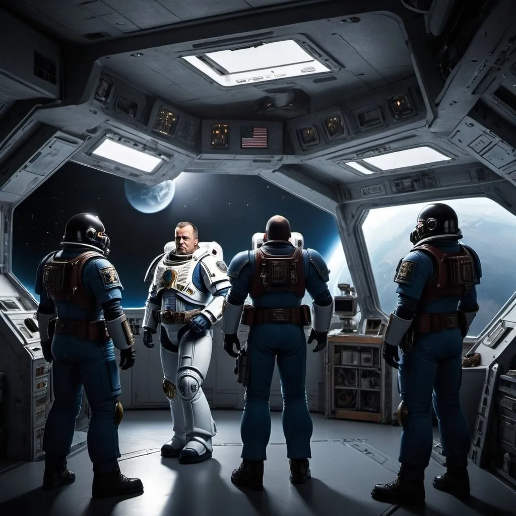 Prompt: Room with space marine shuttles in the background on the background of space. In the foreground, the captain and two officers are standing together. High-quality, detailed image with realistic lighting."