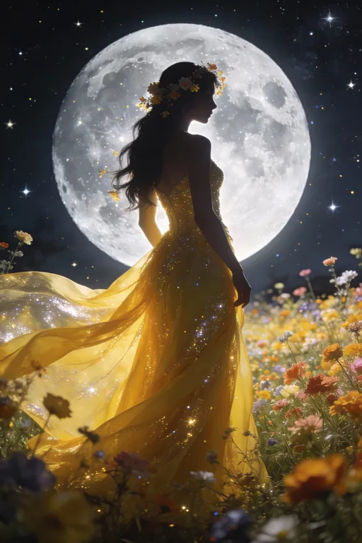 Prompt: Bathed in the ethereal glow of a magnificent full moon, a woman stands amidst a field of vibrant flowers, her silhouette elegantly framed against the luminous backdrop. She wears a striking yellow gown adorned with shimmering details, its flowing fabric cascading down elegantly, suggesting movement as if the night breeze was alive. Her long, dark hair, gracefully arranged with delicate floral accents, accentuates her serene expression, embodying a dreamy, almost otherworldly atmosphere. The scene is rich with golden hues and scattered stars, creating a magical ambiance that evokes a sense of wonder and tranquility, inviting viewers to lose themselves in the enchanting narrative of this celestial evening.