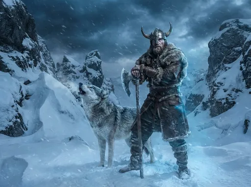 Prompt: In the heart of a frigid, blinding blizzard, a Viking warrior stands resolute against the storm, his fierce expression illuminated by the ethereal glow of swirling snowflakes. Towering snowdrifts rise around him, blanketing the jagged rocks of the rugged landscape. Clad in intricate furs and heavy armor, he clutches a massive, battle-worn axe, its blade glistening with frost. Beside him, a majestic wolf with piercing icy blue eyes howls defiantly into the wind, its fur bristling against the cold, embodying untamed spirit and loyalty. The dark skies are tinged with hues of deep blue and gray, creating a stark contrast to the soft whiteness of the snow, evoking a sense of isolation and strength in this dramatic, cinematic scene.