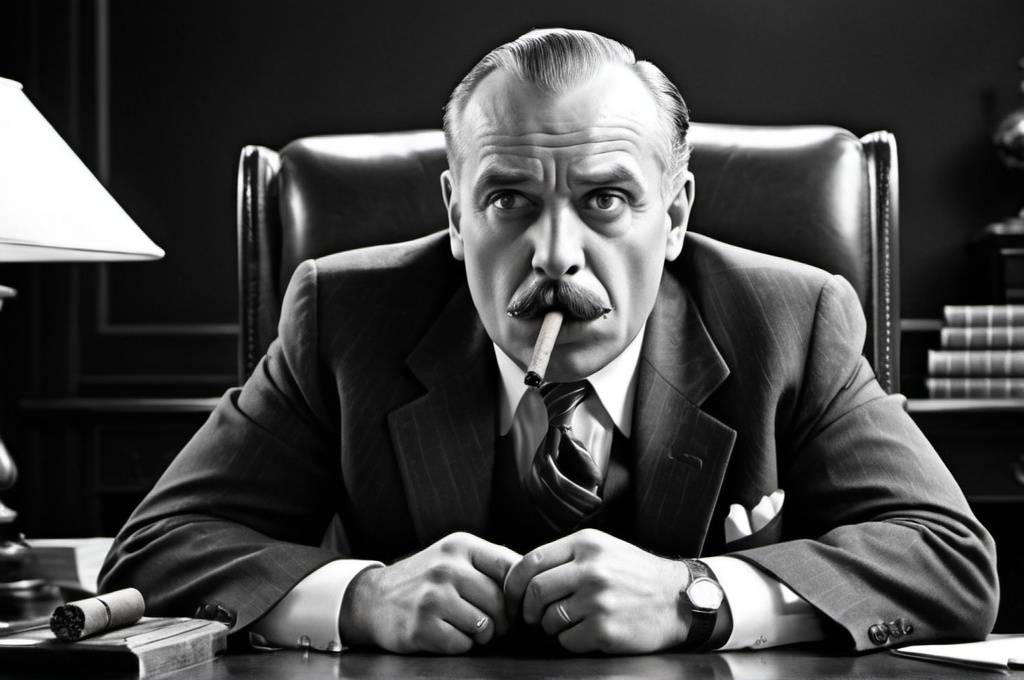 Prompt: Black white vintage humerous image of a tyrannical autocratic business executive behind a large desk with a cigar in his mouth