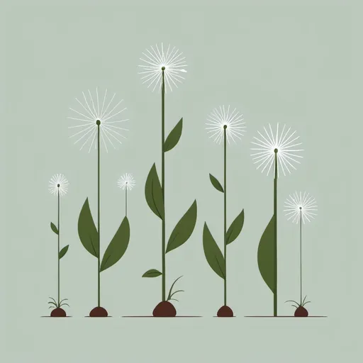 Prompt: Flat illustration dispersal of plant seeds by wind: simple forms, simple shapes, vector, minimalism