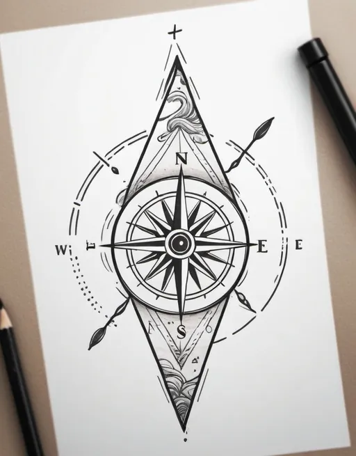 Prompt: Feminine geometric tattoo compass delicate lines astrological elements fine details water ocean elements beneath the compass separate design is a Sea kayak tattoo intricate lines indigenous style boat greenland kayak moving through water stylized waves top view narrow thin boat
