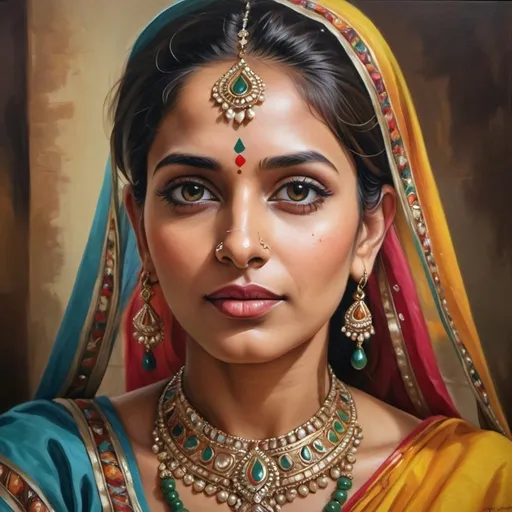 Prompt: Realistic oil painting of an elegant Indian woman with traditional attire, vibrant colors, intricate jewelry, captivating facial features, 4k, ultra-detailed, realistic, oil painting, traditional attire, vibrant colors, intricate jewelry, captivating facial features, elegant, cultural, high quality