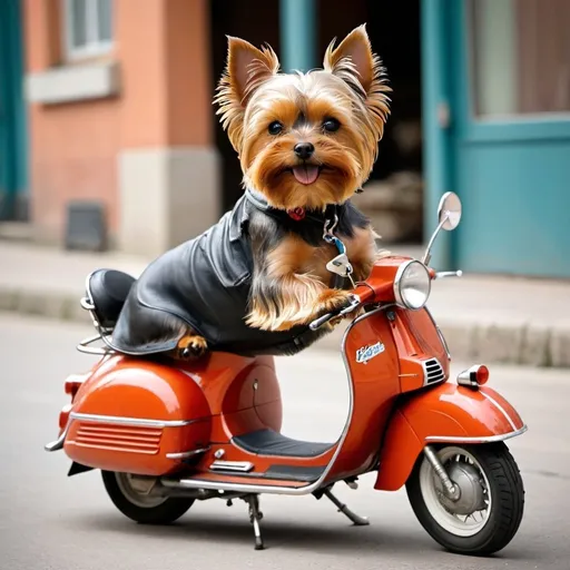 Prompt: A Yorkshire Terrier riding on Vespa classic easy rider motorcycle  