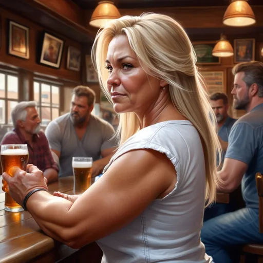 Prompt: Greg Rutkowski style digital painting, side view, upper bodies only, older tanned woman, very pretty face, over 40 years old, blonde, wearing a jeans-pants and a white top, chubby shoulders, chubby arms, her fists lifted-up, long hair, in a pub, men watching, 8K resolution, ultra-realistic