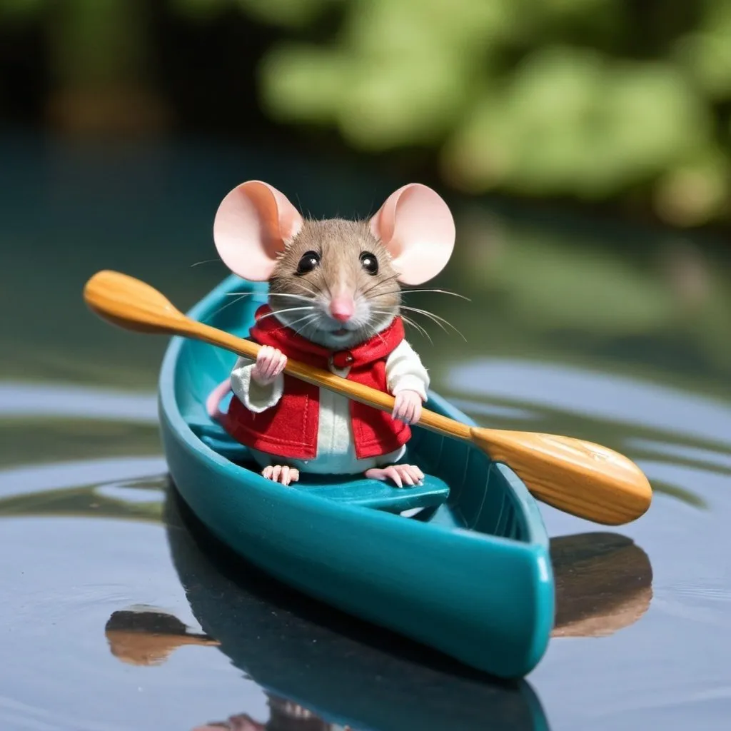 Prompt: Mouse paddling a canoe