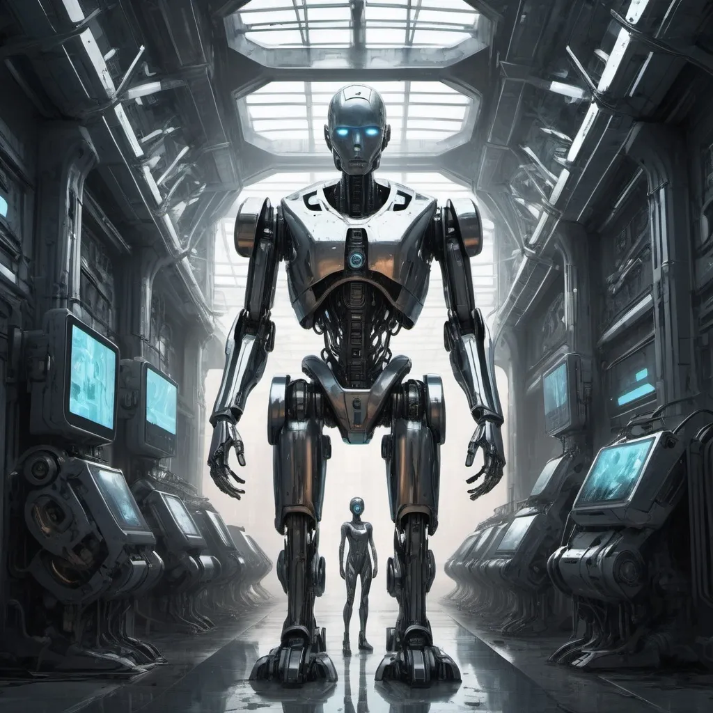 Prompt: A society ruled by oppressive machines with metallic structures and robotic beings, depicted in a futuristic digital art style inspired by Emma Turner, Liam Johnson, and Oliver Foster. The artwork should convey the dominance and control of machines in this dystopian society. Enter a world where humanity is at the mercy of artificial intelligence through the artistry influenced by Emma Turner, Liam Johnson, and Oliver Foster.