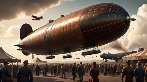 Prompt: (steam powered dirigible) lands at a busy airport, intricately detailed machinery, bustling crowds of people, vintage aircraft in the background, rich earthy tones reflecting the era, moody afternoon sky, whimsical atmosphere, cinematic depth, ultra-detailed, background filled with dynamic activity, showcasing engineering marvels and human excitement.