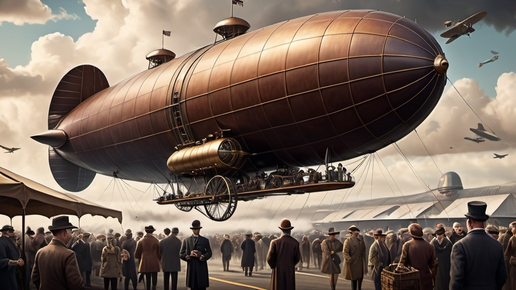 Prompt: (steam powered dirigible) lands at a busy airport, intricately detailed machinery, bustling crowds of people, vintage aircraft in the background, rich earthy tones reflecting the era, moody afternoon sky, whimsical atmosphere, cinematic depth, ultra-detailed, background filled with dynamic activity, showcasing engineering marvels and human excitement.