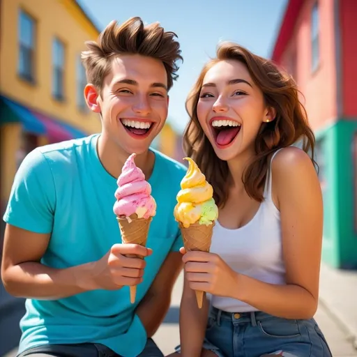 Prompt: A happy young couple eating ice cream wirh a happy smile, vibrant colors, sunny