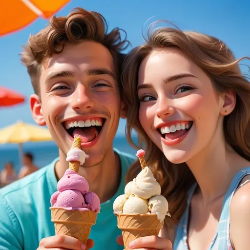 Prompt: A happy young couple eating ice cream wirh a happy smile by the seaside, vibrant colors, sunny