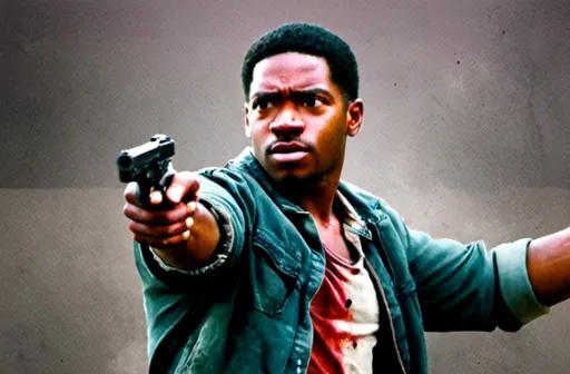 Prompt: franklin saint in a zombie apocalypse pointing a gun

