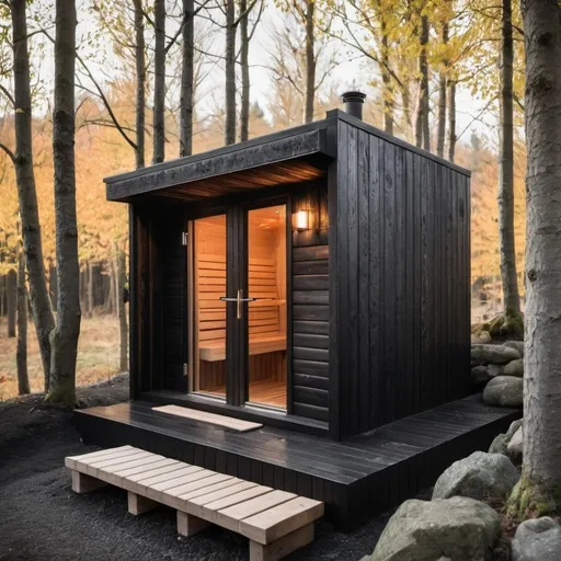 Prompt: Small sauna with charred wood cladding and exposed timber frame