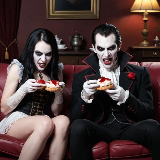 Prompt: 2 vampires eating scones on a couch