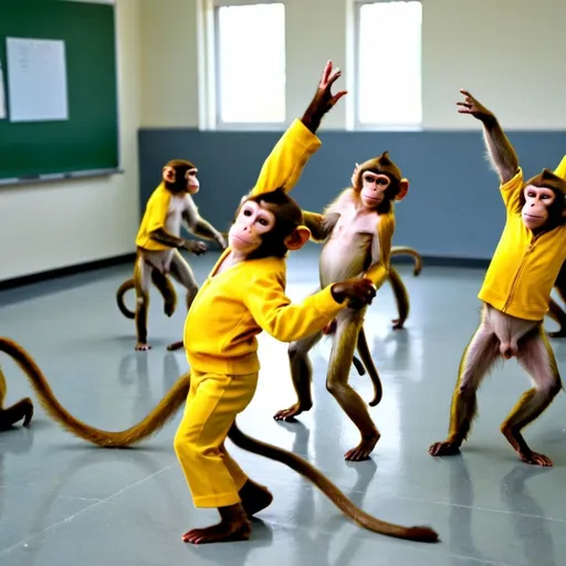 Prompt: A dozens of monkey dancing in a classroom when the teacher is mad


