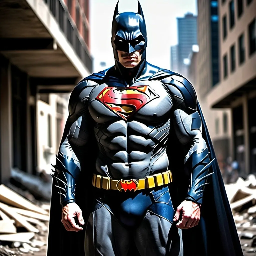 Prompt: Batman (Dark Knight Version) and Superman combined into one superhero and real life pic and full body picture 