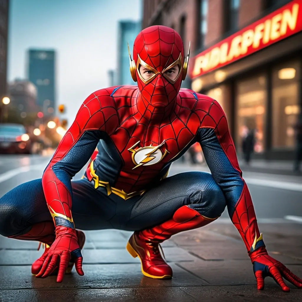 Prompt: {the flash as spiderman}, perfect composition, hyperrealistic, super detailed, 8k, high quality, trending art, trending on artstation, sharp focus, studio photo, intricate details, highly detailed, Full body. 