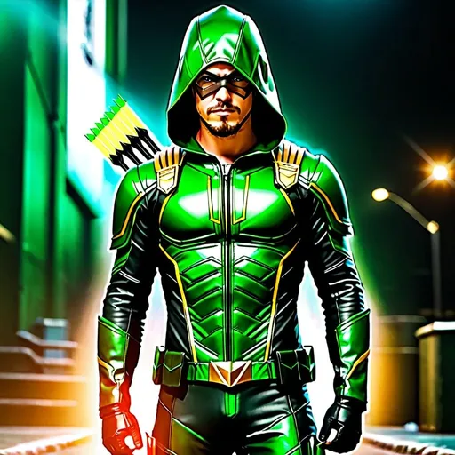 Prompt: {the flash Grant Gustin as Green Arrow}, perfect composition, hyperrealistic, super detailed, 8k, high quality, Full Body. 