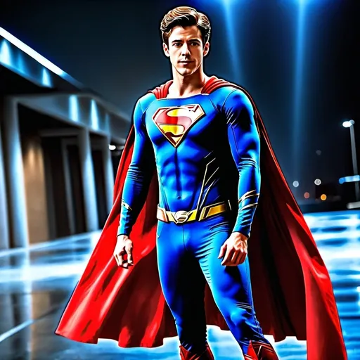 Prompt: {the flash Grant Gustin as Superman}, perfect composition, hyperrealistic, super detailed, 8k, high quality, Full Body. 