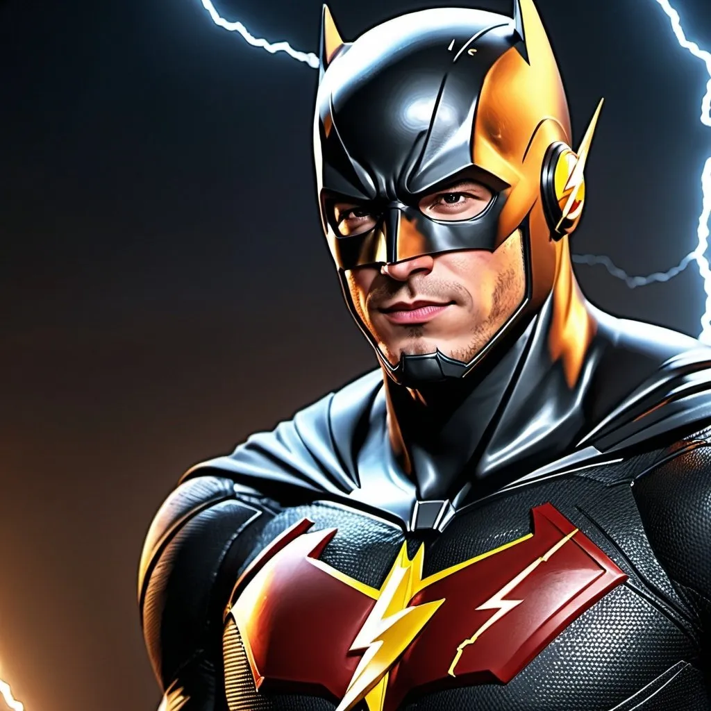 Prompt: {the flash with lightning as batman}, perfect composition, hyperrealistic, super detailed, 8k, high quality, trending art, trending on artstation, sharp focus, studio photo, intricate details, highly detailed, Full body. 