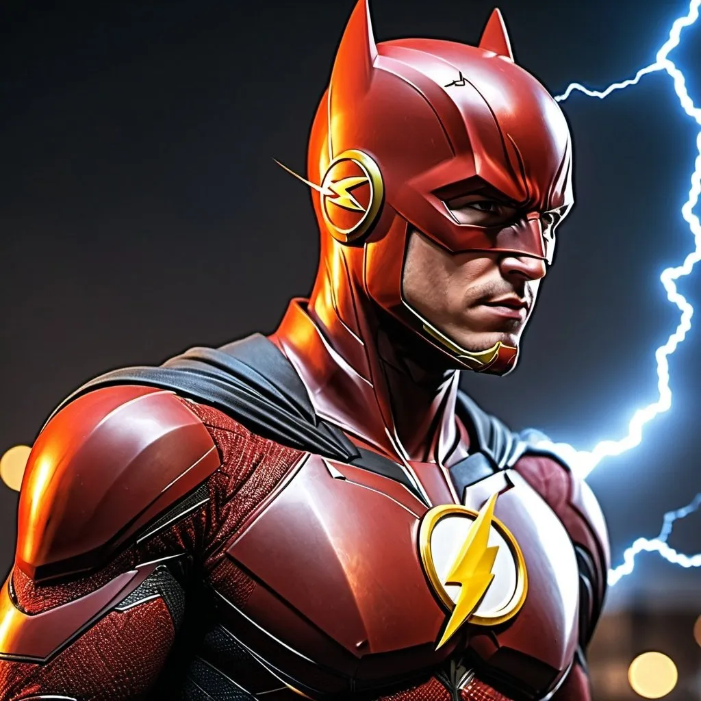 Prompt: {the flash with lightning as batman}, perfect composition, hyperrealistic, super detailed, 8k, high quality, trending art, trending on artstation, sharp focus, studio photo, intricate details, highly detailed, Full body. 