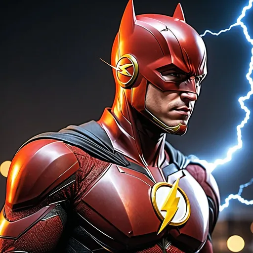 Prompt: {the flash with lightning as batman}, perfect composition, hyperrealistic, super detailed, 8k, high quality, trending art, trending on artstation, sharp focus, studio photo, intricate details, highly detailed, Full body. 