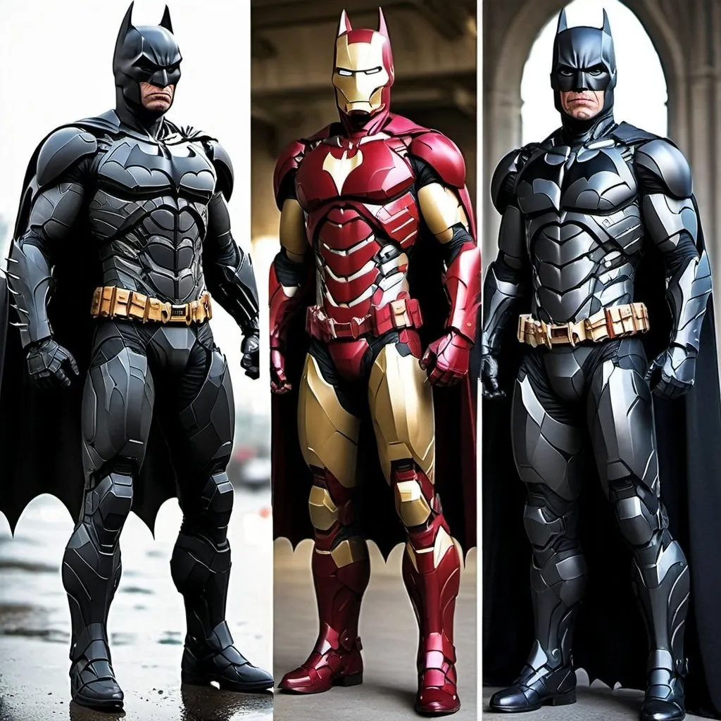 Prompt: Batman (Dark Knight Version) and Ironman combined into one superhero and real life pic and full body picture 