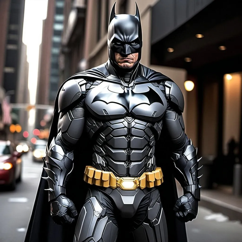 Prompt: Batman (Dark Knight Version) and Ironman combined into one superhero and real life pic and full body picture 