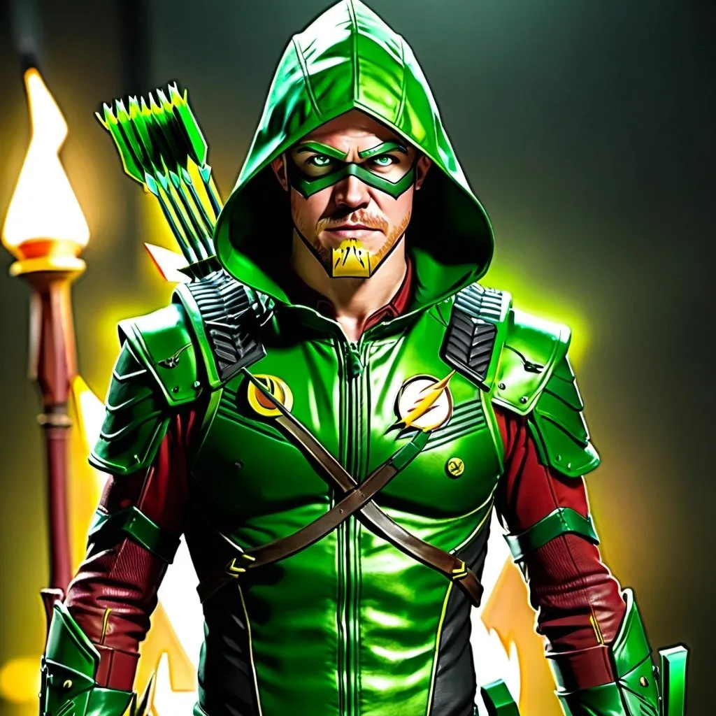 Prompt: Green Arrow and The Flash mixed into one superhero and real life pic and full body picture.  
