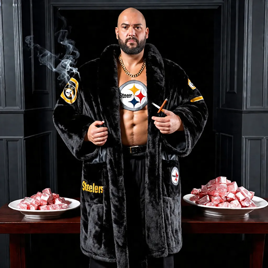 Prompt: White bouncer of nightclub, (lumberjack king), alpha-male (drug dealer), (rugged), (tall and thick physique), age 40 (((masculine))), (stubble), wearing (oversized) (plush) (thick) (baggy) (daddy) (luxe) (dark black) Pittsburgh Steelers bathrobe (((fully open))), hairy chest, gold chain necklace, (manly slippers), (dominant) (aggro) (confident) expression, (smoking cigarette), 3am nighttime, winter darkness, standing holding King sized black soft plush blanket, hanging out in dark basement of single man’s home, cocaine on table, (4K realism), (ultra-detailed), (cinematic dark tone), (dim, (dark grey) lighting), evocative atmosphere, rich textures, vivid contrasts.