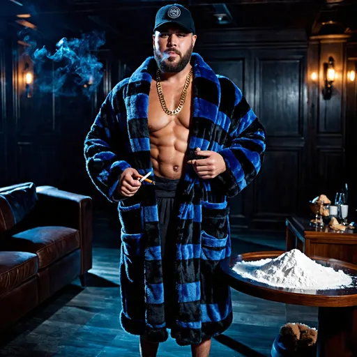 Prompt: White bouncer of downtown nightclub, (lumberjack king), alpha-male (drug dealer), (rugged), (tall and thick physique), age 40, (((masculine))), (stubble), wearing (oversized) (plush) (thick) (baggy) (daddy) (luxe) (navy blue and black stripe) bathrobe (((fully open))), hairy chest, gold chain necklace, (manly slippers), (baseball cap), (dominant) (aggro) (confident) expression, (smoking cigarette), 3am nighttime, winter darkness, standing, hanging out in dark basement lounge of home, cocaine on table, (4K realism), (ultra-detailed), (cinematic dark tone), (dim lighting), evocative atmosphere, rich textures, vivid contrasts.