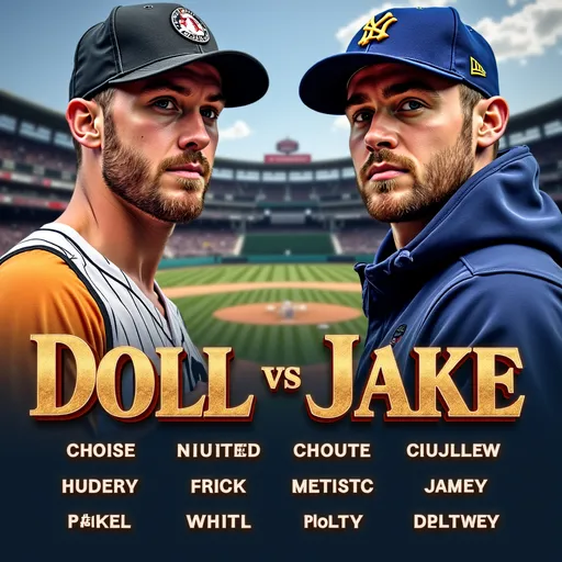 Prompt: Two pitchers facing off, each with their name beside them in bold, majestic font with gold accents and a slight 3D effect. The background is a baseball stadium, with space below for stats.