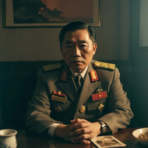 Prompt: Polaroid photo of a Chinese senior military officer seated behind a very large table, in a dimly lit room with waves of cigarette smoke and a single shaft of sunlight from the window. There is an ashtray with burning cigarettes on the table in front of him. There is a black and gold mobile phone on the table in front of him. There is a painting of a horse on the wall in the background behind him. On his left and right are sat other Chinese military officers.