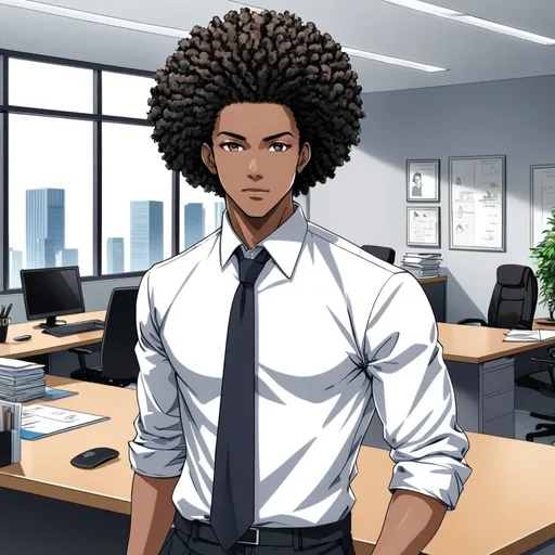 Prompt: anime, young adult, detailed, handsome black male, coarse free form Afro twist 4a hair type, neat, business casual fashion, office environment, very detailed