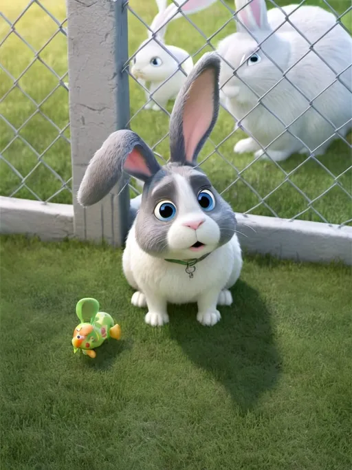 Prompt: a rabbit sitting in the grass in front of a fence and a chain link fence behind it is a white and gray rabbit, Dean Roger, superflat, maya, a stock photo