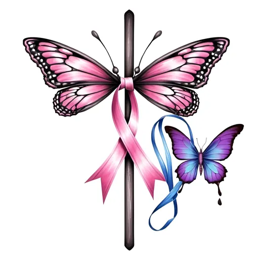 Prompt: Cancer ribbon, a cross, a butterfly 