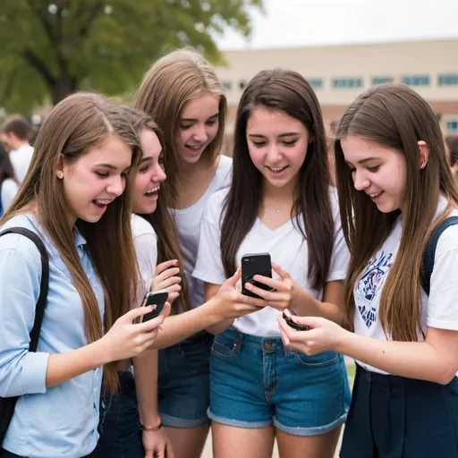 Prompt: american high school students playing, holding the iphone, all girls